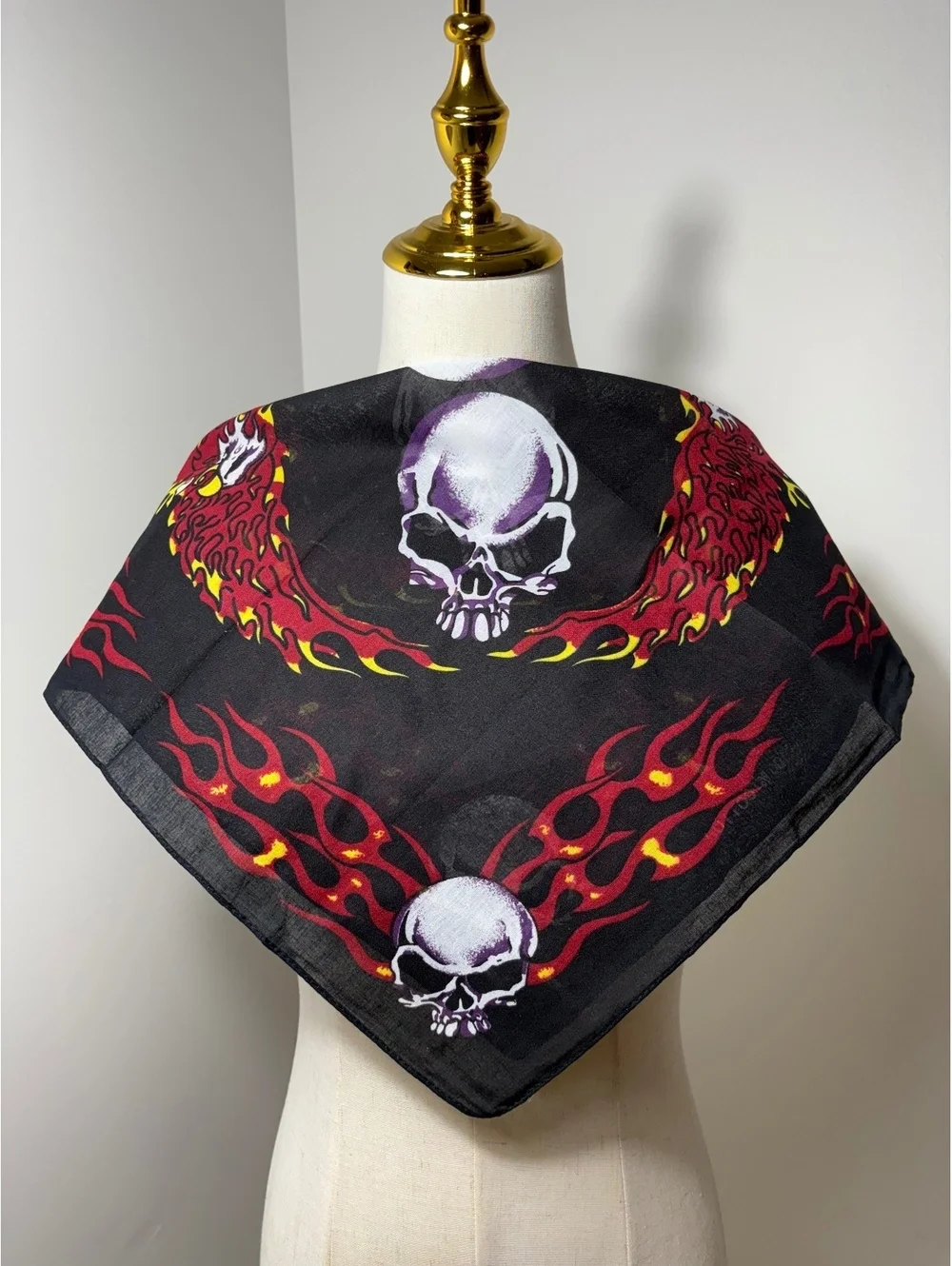 Cotton Bandana with Flaming Skull Design - Black Red Yellow